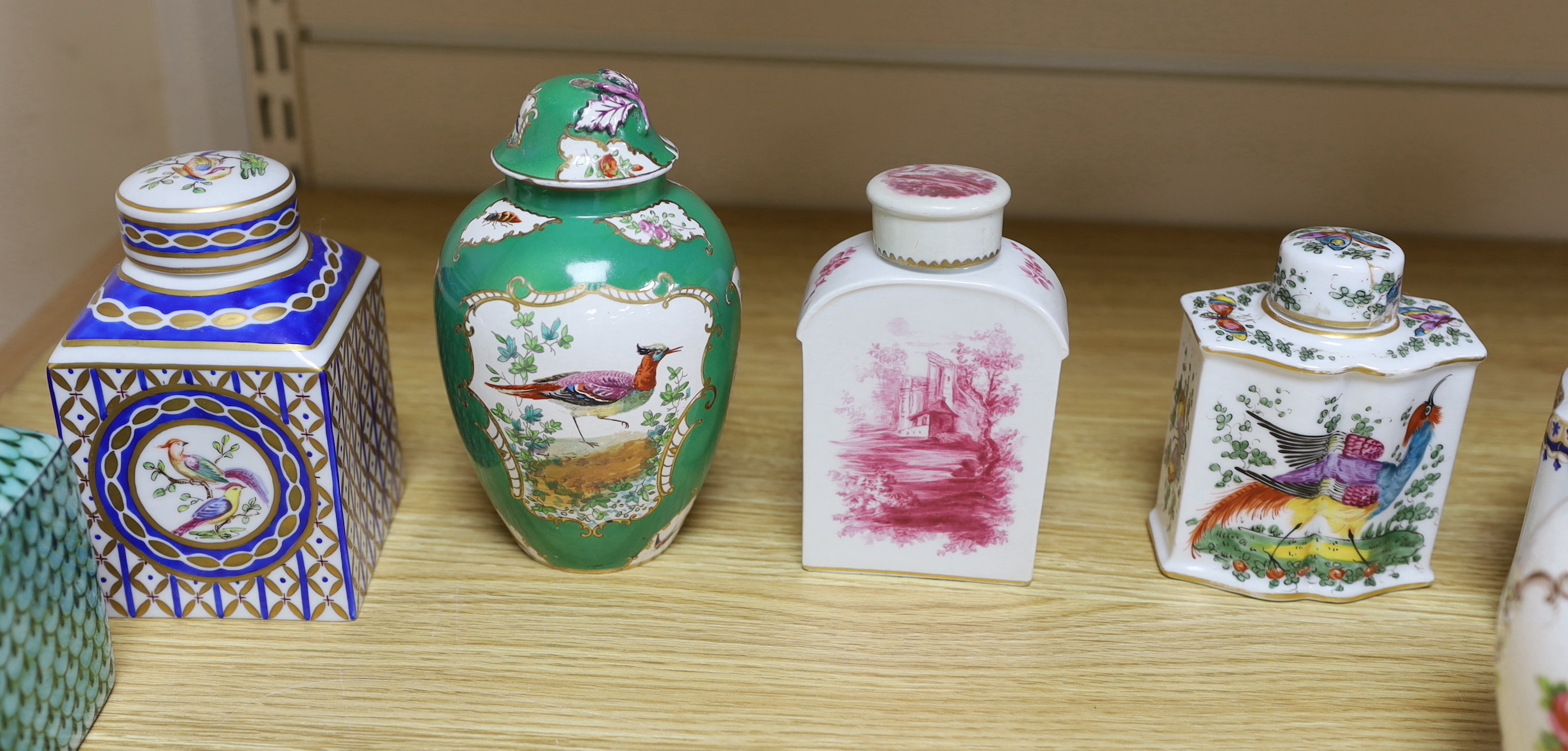 A collection of Paris porcelain tea canisters, imitating Sevres, Chinese export etc. tallest jar and cover 15cm high